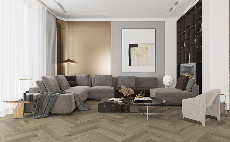 herringbone hardwood flooring in living room